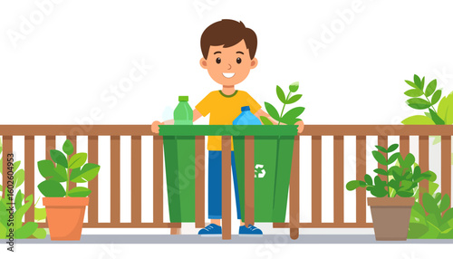 Smiling cartoon boy in a yellow shirt holding a green recycling bin filled with plastic bottles and a plant.