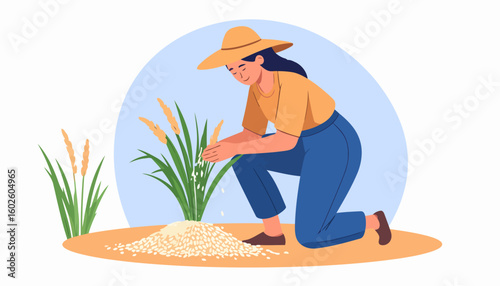 A female farmer in a yellow hat kneels while carefully harvesting rice grains by hand, with a serene expression.