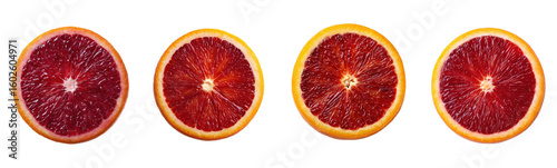 Four blood orange halves are displayed in a row. Citrus fruit, healthy eating, vibrant, fresh, juicy, vitamins, food