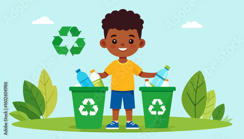 Cheerful Black boy with curly hair sorting plastic bottles into green recycling bins.