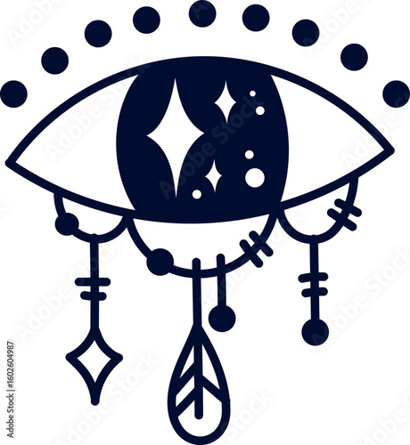 Stylized eye featuring a feather pendant, radiating cosmic energy and embodying themes of spirituality, intuition, and connection to higher realms and consciousness