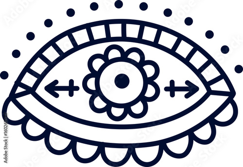 Simple eye drawing with flower shaped pupil and arrows pointing to opposite directions, decorated with dotted lines and scallops, representing concepts like vision, spirituality, and guidance