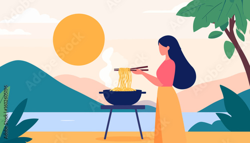 A woman with long dark hair cooking steaming noodles in a wok with chopsticks, wearing a pink shirt and yellow skirt.