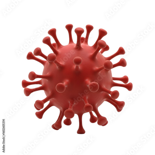 A red coronavirus cell with spikes on a white background, close up view on transparet background, no background
