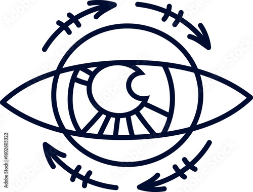 Simple drawing of an eye surrounded by rotating arrows, representing foresight, vision, and the ability to anticipate future trends and changes in various fields