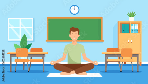 A smiling cartoon man with brown hair meditating in a lotus pose on a mat, wearing a green shirt and brown pants.