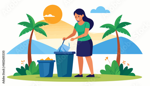 A cheerful woman with long dark hair, wearing a green shirt and blue skirt, disposes of trash into a bin.