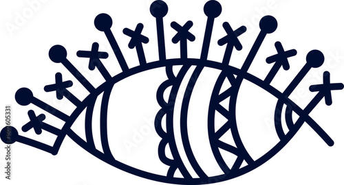 Stylized eye with decorative eyelashes radiates magical energy, creating a mystical and captivating design with dark lines on a white background