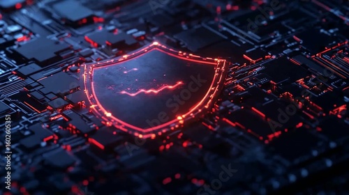 Cybersecurity Concept Digital Shield Protecting Confidentiality On Circuit Board Technology