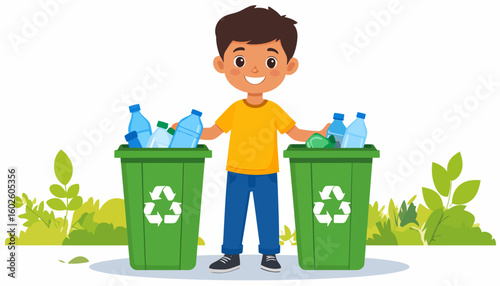 Happy cartoon boy in yellow shirt recycling plastic bottles into green bins with recycling symbols.