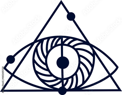 Eye of Providence is watching inside a triangle formed by sacred geometry lines, creating a mystical and spiritual symbol with esoteric meaning, conveying vigilance and awareness