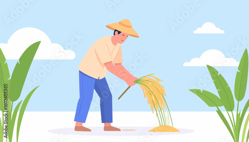 Flat vector illustration of a barefoot farmer in a conical hat threshing a bundle of golden rice stalks.