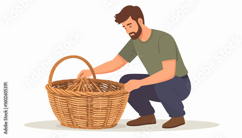 A bearded man in a green shirt and blue pants crouching to check a large, empty wicker basket.