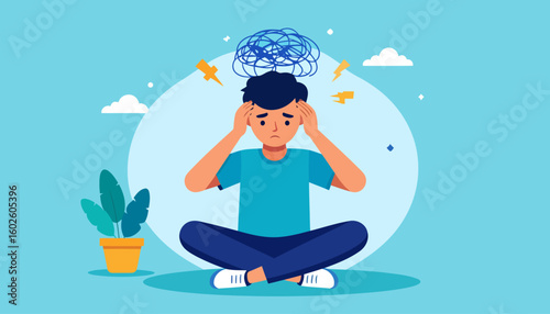 Anxious young man sitting cross-legged, clutching his head with a chaotic scribble of thoughts above.