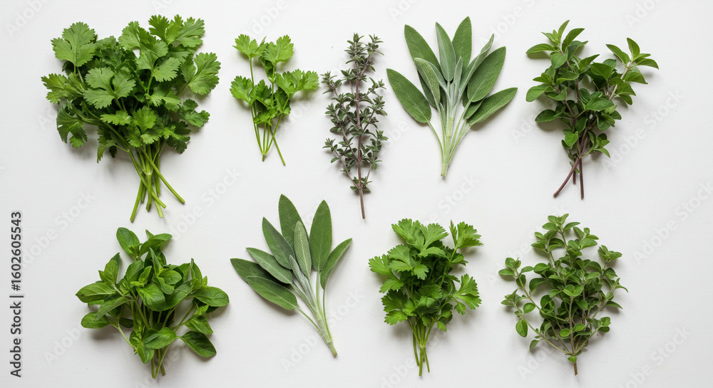 Naklejka premium Fresh herbs display on white background