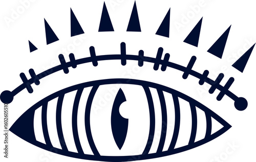 Stylized eye with eyelash rays and stitched eyelid staring intensely, creating a captivating and enigmatic visual ideal for themes of vision, mystery, and spirituality