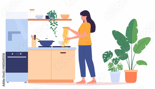 Smiling woman with long dark hair preparing a meal of noodles with chopsticks.