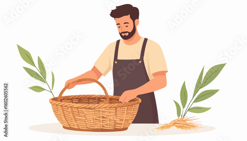 Bearded man in a brown apron holding a large wicker basket, surrounded by wheat and green leaves.