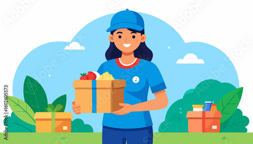 Cheerful female courier in a blue uniform holding a cardboard box of fresh groceries.