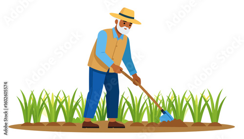 Elderly farmer with a white beard and straw hat using a hoe to cultivate a green field.