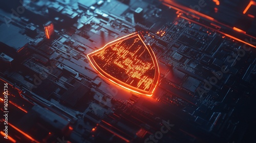 Digital shield on a dark circuit board symbolizing data protection and security concept
