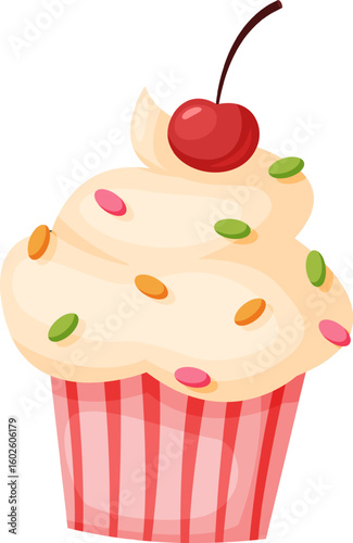 Creamy vanilla cupcake topped with vibrant sprinkles and a fresh cherry, embodying a delightful sense of sweetness and indulgence, perfect for celebrations and special occasions