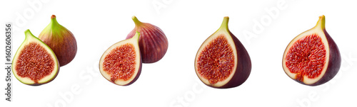 Sliced figs on white background, food art. Fresh fruit still life, healthy eating, vibrant color, antioxidant, sweet taste, raw ingredient, vegetarian diet.