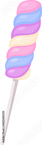 Sweet confectionery delight featuring a pastel colored marshmallow with vibrant pink, purple, blue, and white stripes spiraling around a stick, tempting taste buds with its sugary allure