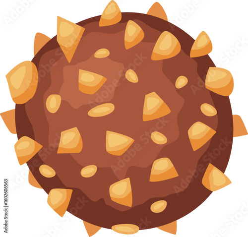 Round chocolate candy with caramel pieces and spikes rotating on white background, creating a delicious and visually appealing treat for candy lovers