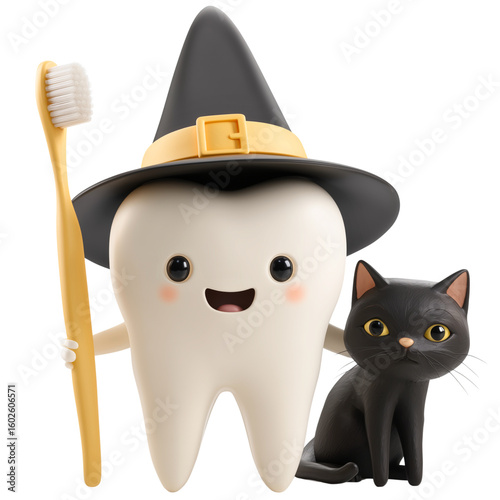 cute cartoon smiling tooth character holding a toothbrush, wearing black witch hat and small curious black cat; halloween costume hygiene element isolated over white (transparent) background