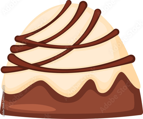 Creamy, smooth, and decadent bonbon covered in white chocolate and drizzled with rich dark chocolate, creating a visually appealing and tempting treat