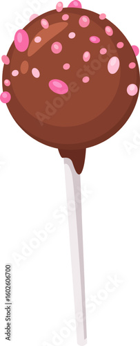 Delicious chocolate cake pop dipped in chocolate and covered with pink sprinkles on a white stick, creating a sweet treat for dessert or snack time