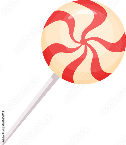 Colorful round lollipop featuring vibrant red and white swirling stripes, inviting enjoyment as a delightful sweet treat. Perfectly embodying childhood joy and fun
