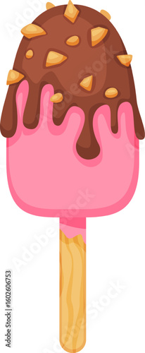 Delicious pink ice cream, generously coated in melting chocolate and sprinkled with crunchy nut pieces, creating a refreshing and indulgent summer dessert on a wooden stick