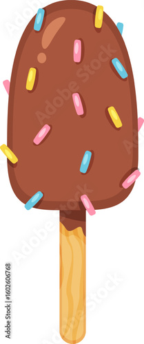 Delicious chocolate ice cream bar on a wooden stick, generously coated in colorful sprinkles, creating a festive treat, isolated against a clean white background