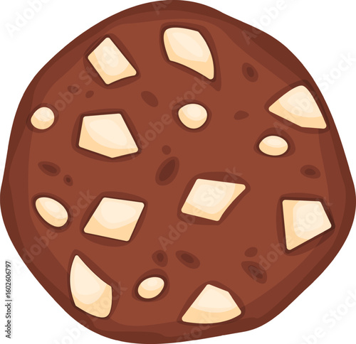 Single freshly baked chocolate chip cookie with irregular white chocolate chunks isolated on white background represents sweet temptation and delightful indulgence