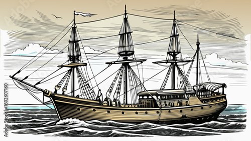 A vintage schooner drawn in detailed black-and-white sketch style, floating on still water with faint horizon