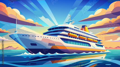 A sleek modern cruise ship gliding across calm ocean water with sunlit clouds above, rendered as clean vector illustration