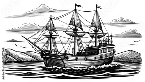 A vintage schooner drawn in detailed black-and-white sketch style, floating on still water with faint horizon