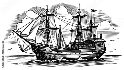 A vintage schooner drawn in detailed black-and-white sketch style, floating on still water with faint horizon
