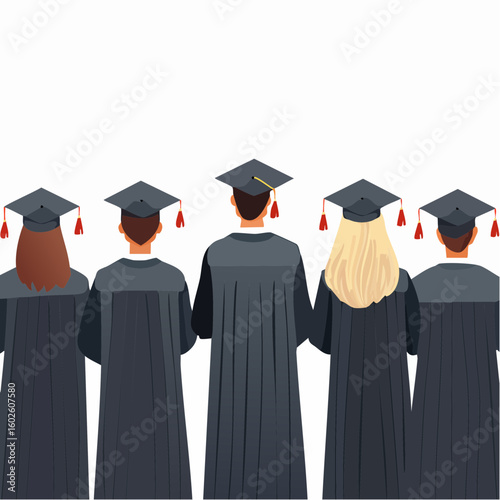 Diverse group of graduates from behind wearing academic gowns and caps celebrating their graduation achievement together