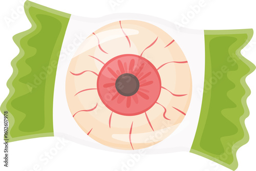 Spooky eyeball candy wrapped in green paper with veins and red iris, perfect for Halloween trick or treating, adding a touch of horror to the festivities