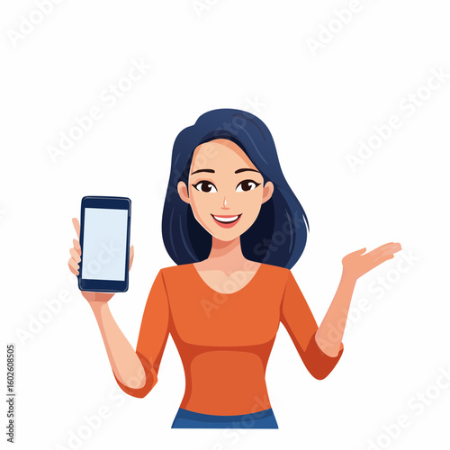 Smiling woman holding a smartphone and presenting something with her open hand in a friendly gesture
