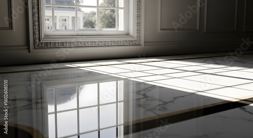 Sunlit elegance: Ornate window casts geometric shadows on polished marble floor, inviting serene luxury