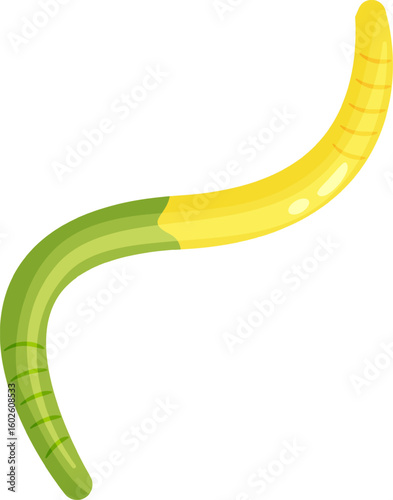 Green and yellow earthworm crawling across a white background, embodying themes of nature, bait for fishing, gardening, and promoting soil health in ecosystems