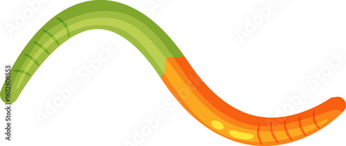 Curving green and orange gummy worm resting on a white background, embodying a sweet and colorful treat that evokes feelings of joy and nostalgia for childhood delights