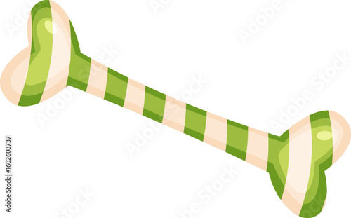 Green and white striped bone toy featuring heart shaped ends, lying diagonally on a clean white background, creating a playful and cheerful accessory for energetic pups