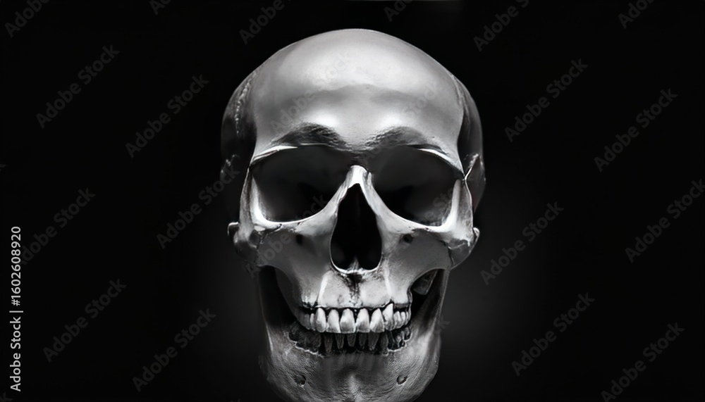 Fototapeta premium Natural Silver Human Skull Isolated Front View on Black Background