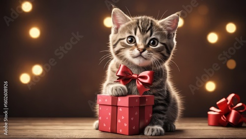 Cute Kitten with a Red Ribbon Gift Box, Ideal for Holiday Celebrations