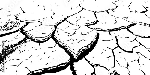 "Abstract grunge black and white cracked earth texture background, symbolizing extreme dryness and drought, Perfect for environmental themes, climate change, desert landscapes"